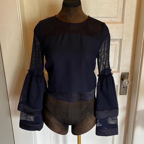 Blue long sleeve blouse with zip up back - Picture 1 of 3